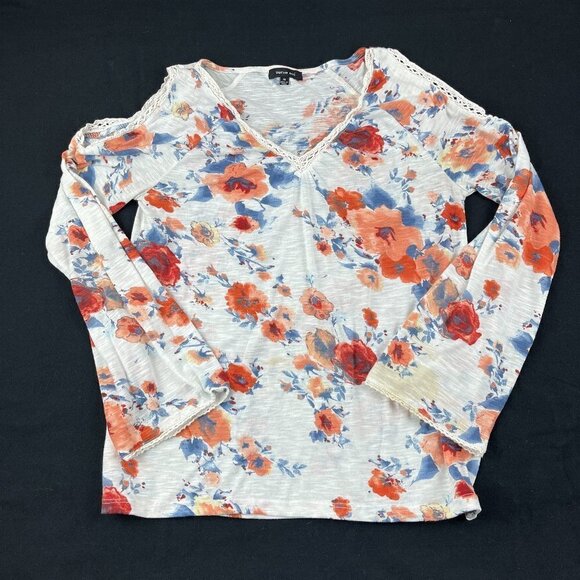 Verve Ami Blouse Womens Medium White Floral Vneck Long Sleeve Open Shoulder - Picture 1 of 9